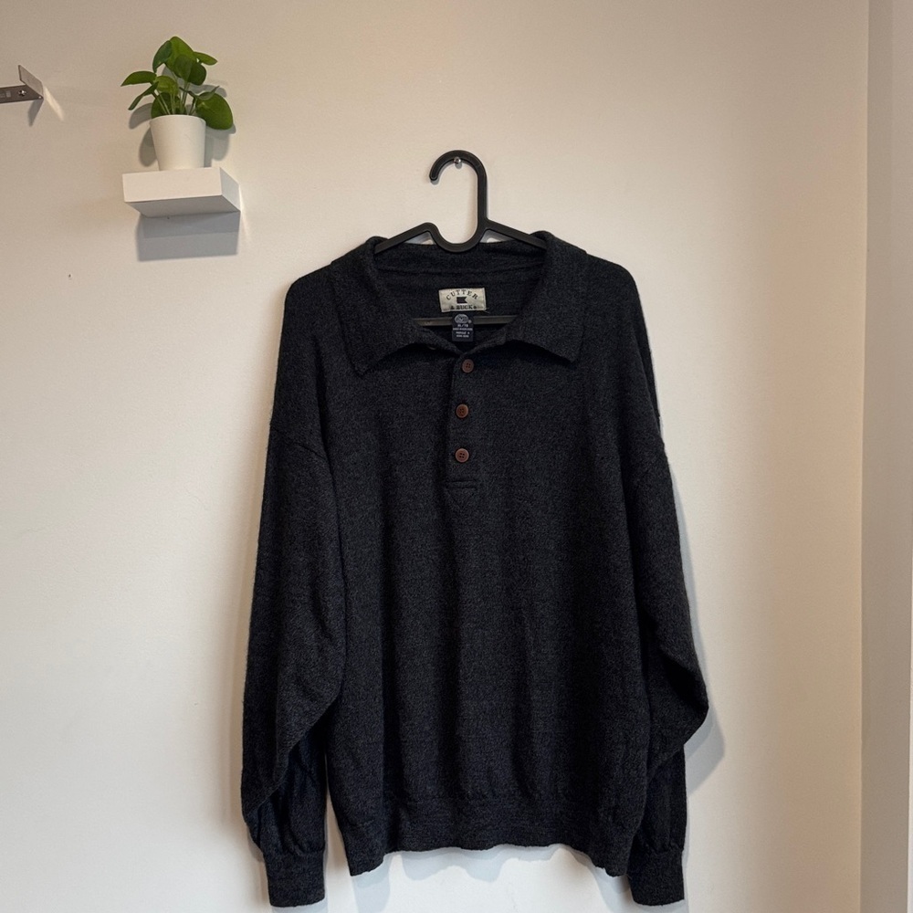 Cutter & Buck Men's Charcoal Knit Wool Polo Sweater